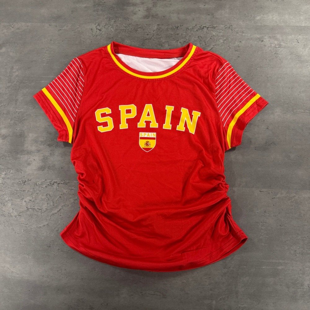 Spain Jersey Top Women S Red Graphic Ruched Side Short Sleeve NWOT Soccer
